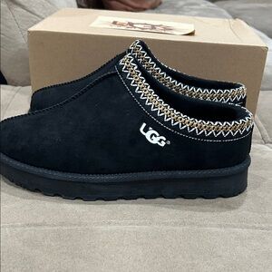UGG Black Suede Slip-Ons with Gold Accents